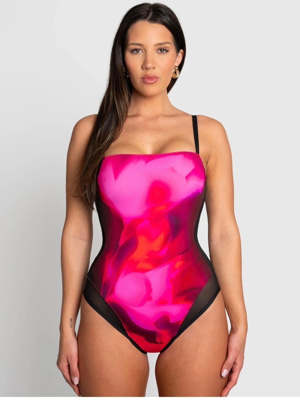 Vibrant Pink Marble One-Piece Swimsuit with Black Accents